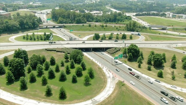 Aerial: Freeway traffic interchange, Winston-Salem, North Carolina, USA
