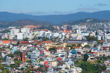 Landscape of the city of Da Lat in the sunny day, Vietnam. Top view