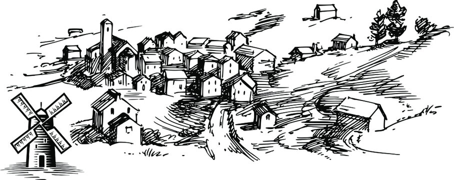 Hand drawn vector sketch of landscape with village in mountains valley, Farm, farmer, bullock animal, indian bael gadi, bail gadu, factory, wind power