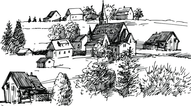 Hand drawn vector sketch of landscape with village in mountains valley, Farm, farmer, bullock animal, indian bael gadi, bail gadu, factory, wind power