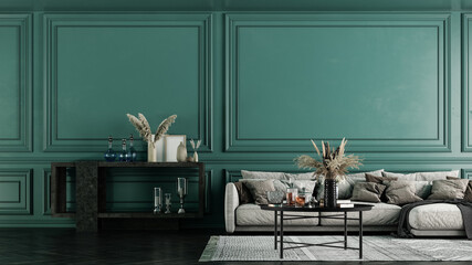 Modern interior design for home, office, interior details, upholstered furniture on the background of a dark green classic wall.