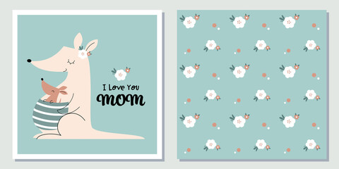 Mother's Day card and seamless pattern set with cute Kangaroo and flowers.