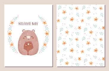 Welcome Baby card and seamless pattern set with hand painted bears and flowers.