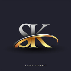 SK initial logo company name colored gold and silver swoosh design, isolated on white background. vector logo for business and company identity.