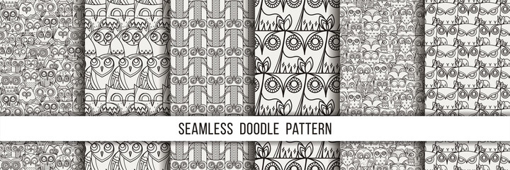 Set of seamless doodle owl patterns. Cute print collection for kids, scrap and other
