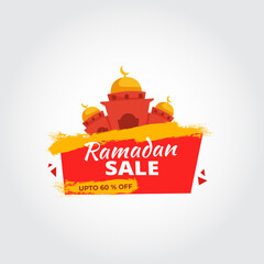 Ramadan kareem Big Sale template with 60% discount offer . Illustration vector graphic. Design concept  flat mosque with Abstract Brush Stroke. Perfect for Greeting Card,  Sticker, Poster, Banner