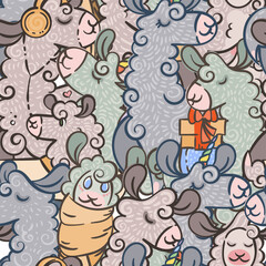 Seamless pattern with cute, curly llamas and alpacas. Illustration for coloring pages, children and adults prints