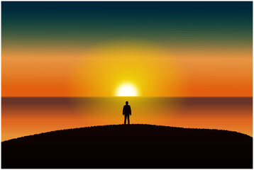 Lonely silhouette on sunset. Nature landscape background,  evening or morning view vector illustration