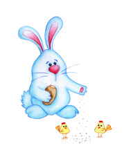 Obraz premium Watercolor illustration of a cute blue Easter bunny loaf feeding chickens. Hare crumb bread for chickens drawing for children. Easter, tradition, religion. Isolated on white background. hand-drawn.