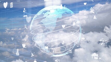 Network of connection modernization over clouds in the sky showing concept of digital network of...