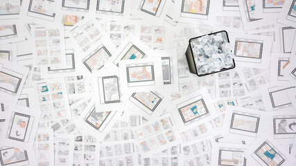 A view from above of a large table that is stuck on a story board sheets.