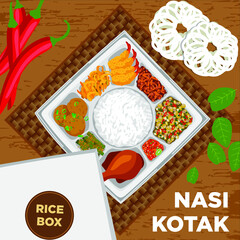 Nasi Kotak, Rice Box, Catering Box, Catering Food, Catering Menu.consists From Sheep Flour Shrimp, Tempe Sweets, Maize Bakwan, Sambal, Fried Chicken, Long Bean Tumis, Perkedel, Egg Fried And Rice.