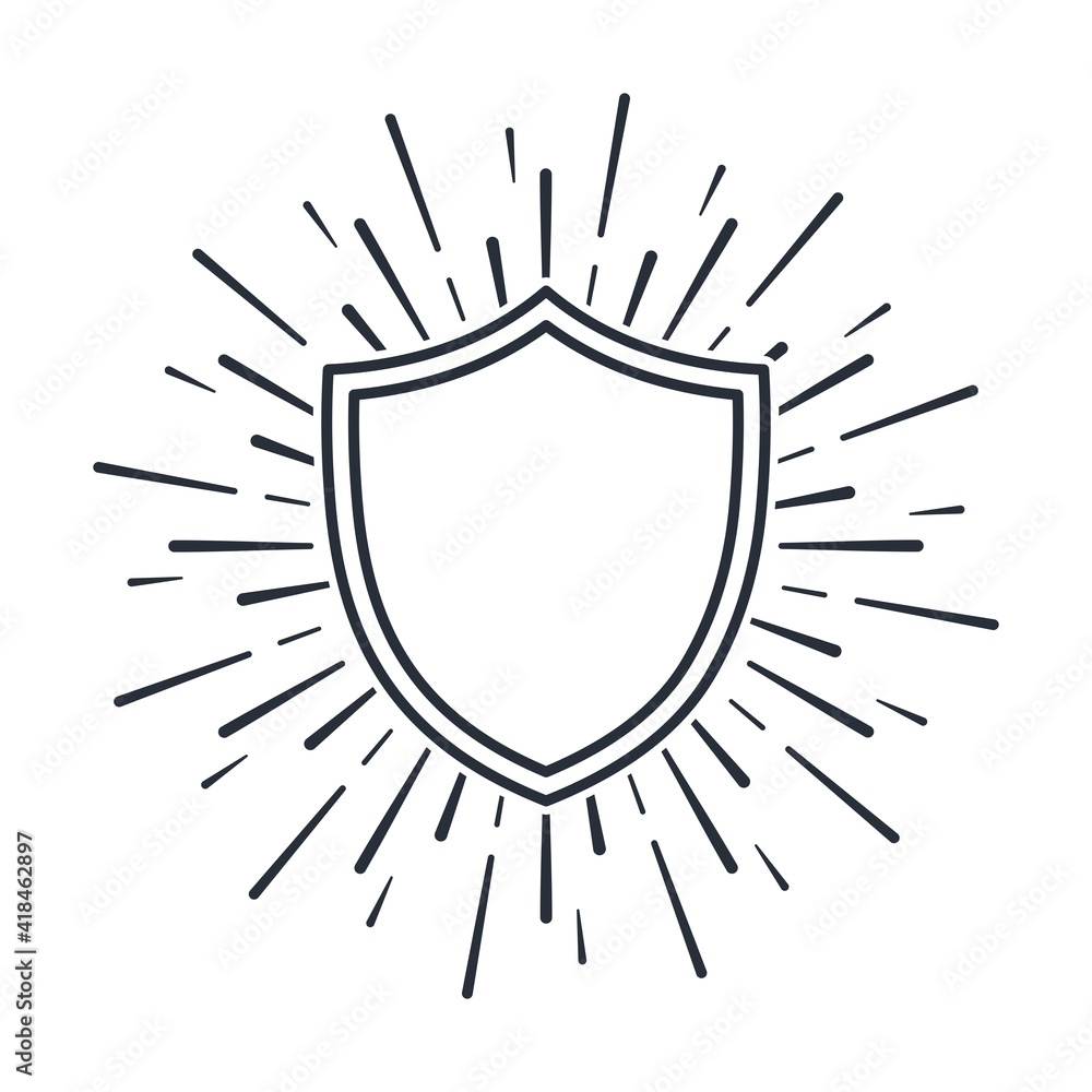 Poster shield in rays and sparks. reflecting an attack. reliable protection. vector linear icon isolated on