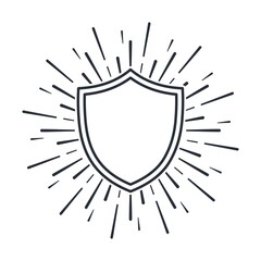 Shield in rays and sparks. Reflecting an attack. Reliable protection. Vector linear icon isolated on white background.