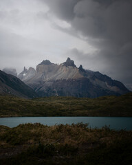 A view of "Cuernos del paine" mountains from the other side of the lake, in Torres del Paine National Park, Chile