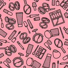 Vector seamless pattern of cosmetics elements with flat line icons