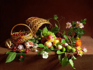 Still life with an inverted basket, fruits and flowers on a table with a brown tablecloth.