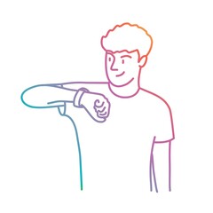 Guy uses electronic wristwatch. Colored line. Vector illustration.