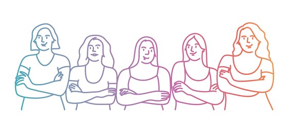 Sport young girls stand with crossed arms. Colored line. Vector illustration.