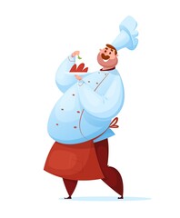 Chef is holding a plate with a dish. A fat man with delicious food. Vector illustration.