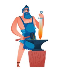 Hephaestus. Ancient greek god with a hammer in one hand and a sword in the other. The anvil is in the foreground. Forging process. The mythological deity of Olympia. Vector illustration.