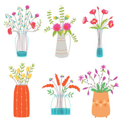 Vector Set of vases with flowers. Collection of bright garden decorative flowers on white isolated background. Flat cartoon vector illustration