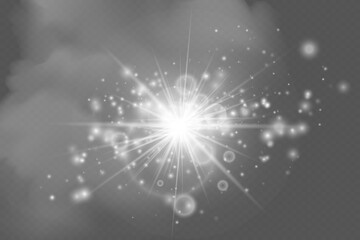 Glow isolated white transparent light effect set, lens flare, explosion, glitter, line, sun flash, spark and stars.