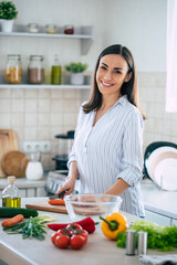 Cute happy young brunette woman in good mood preparing a fresh vegan salad for a healthy life in the kitchen of her home