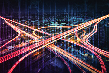 Futuristic road transportation technology with digital data transfer graphic showing concept of...