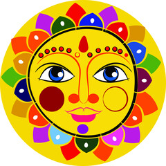 God Surya or sun in Indian folk art Pinguli style. for textile printing, logo, wallpaper