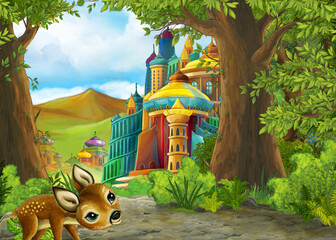 Cartoon nature scene near the forest with a path - illustration