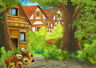 Cartoon nature scene near the forest with a path - illustration
