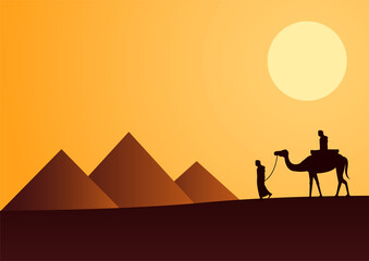 Silhouette design of men and camel walking across desert