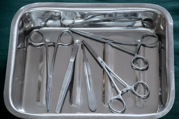 Hemostatic Forceps scissors and dressing forceps in stainless steel container tray.