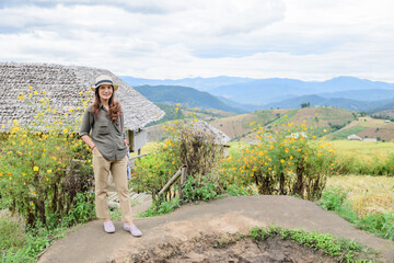 Asian Woman with Pa Bong Piang Rice Terraces at Chiang Mai Province