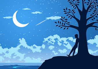 Silhouette design of lonely man on silent night at the riverside