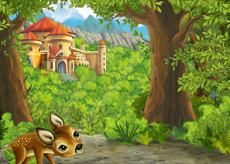 Cartoon nature scene near the forest with a path - illustration