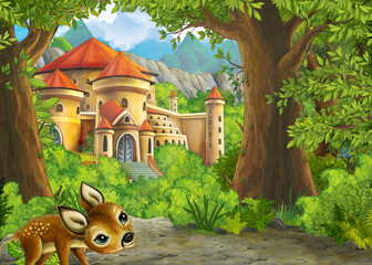 Cartoon nature scene near the forest with a path - illustration