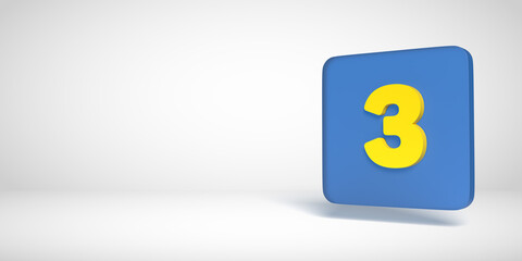 3D render numbers collection: Yellow no. 3, three, in blue flat box. Square shape on white background. Smooth drop shadow and large copy space. Illustration design in numeric typography. Basic shape