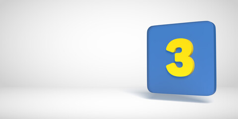3D render numbers collection: Yellow no. 3, three, in blue flat box. Square shape on white background. Smooth drop shadow and large copy space. Illustration design in numeric typography. Basic shape