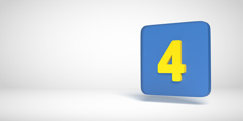 3D render numbers collection: Yellow no. 4, four, in blue flat box. Square shape on white background. Smooth drop shadow and large copy space. Illustration design in numeric typography. Basic shape