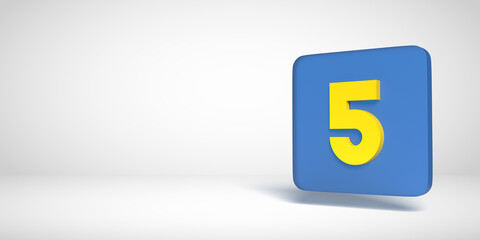 3D render numbers collection: Yellow no. 5, five, in blue flat box. Square shape on white background. Smooth drop shadow and large copy space. Illustration design in numeric typography. Basic shape