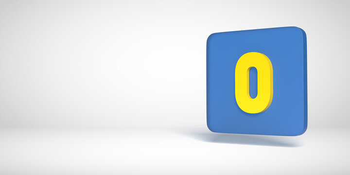 3D render numbers collection: Yellow no. 0, zero, in blue flat box. Square shape on white background. Smooth drop shadow and large copy space. Illustration design in numeric typography. Basic shape