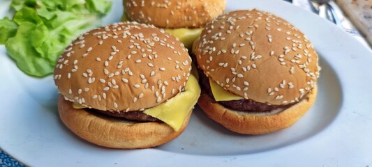 Homemade delicious classic beef Cheeseburgers in white plate.