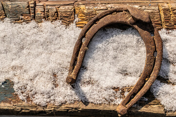 Forgotten horseshoe in the snow.