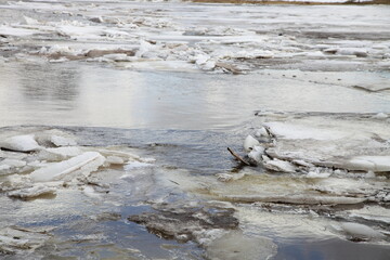 River water flows with ice floes, spring flood after the snow melts