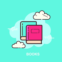 Books with red and blue color on blue background flat concept design