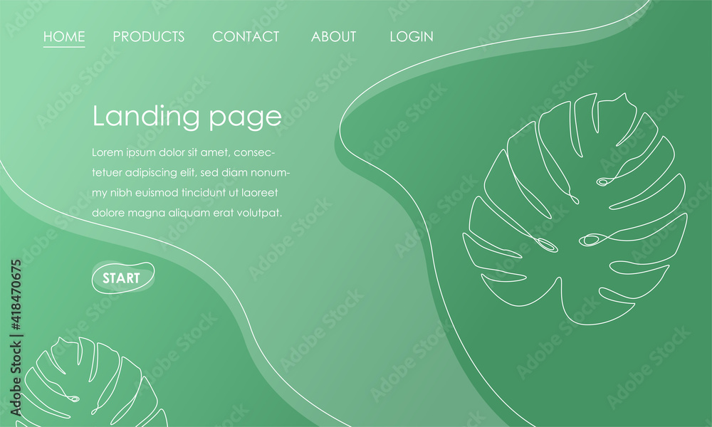 Aufkleber landing page template with monstera leaf on green background. simple tropical botanical design vecto