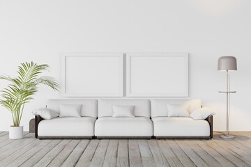 3d rendering mockup Home interior with decor elements. two wooden frame.