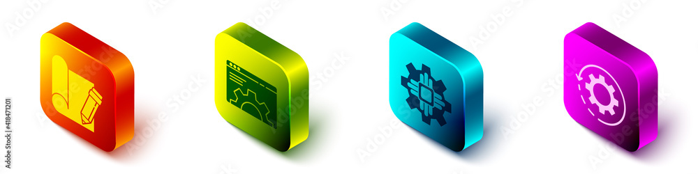 Poster set isometric graphing paper and pencil, browser setting, processor and gear and arrows as workflow 